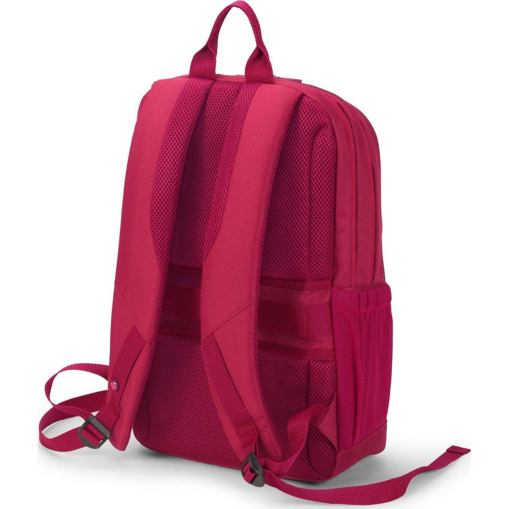 Un sac à dos rouge avec bretelles rembourrées et dos en maille, poches latérales.