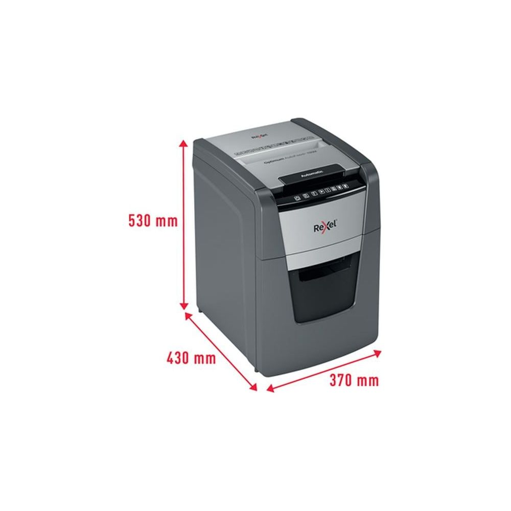 Un trituratore Rexel grigio, dimensioni 530 mm A, 430 mm P, 370 mm L.