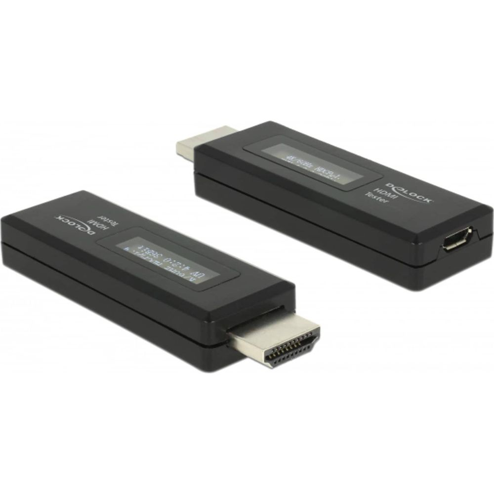Due tester HDMI neri con display. Uno davanti, uno dietro.