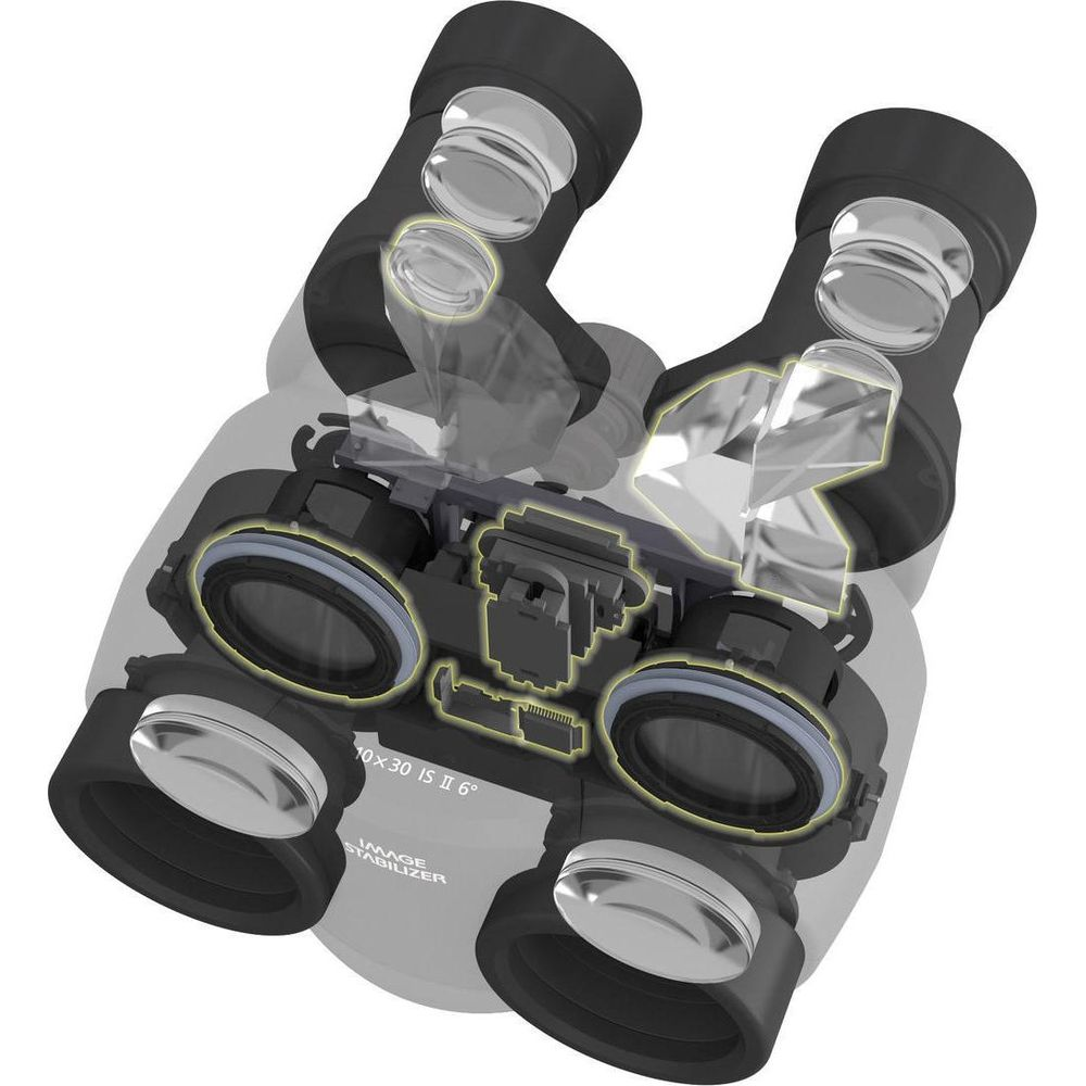 Widok rozstrzelony czarnych lornetek pokazujący wewnętrzne soczewki i pryzmaty.