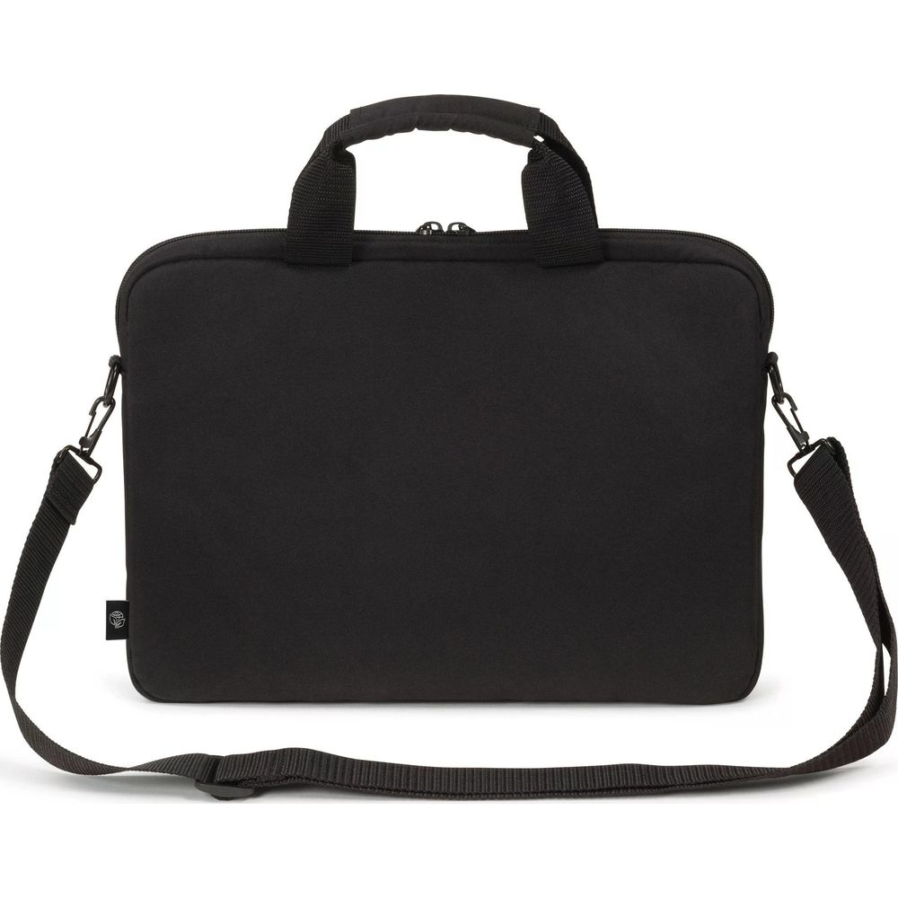 Borsa nera per laptop con manico e tracolla, su sfondo bianco.