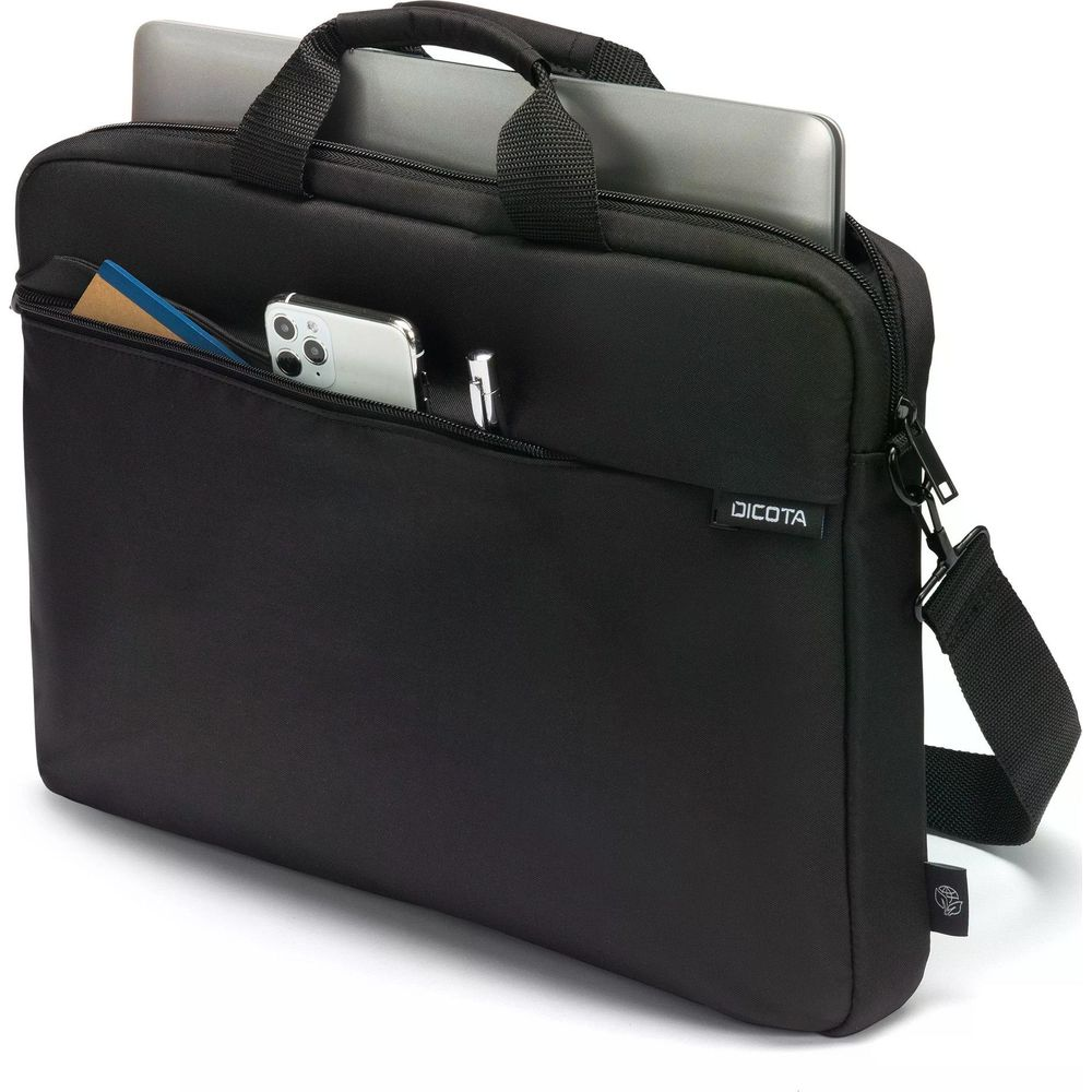 Borsa nera per laptop con laptop, telefono, penna e taccuino nelle tasche.