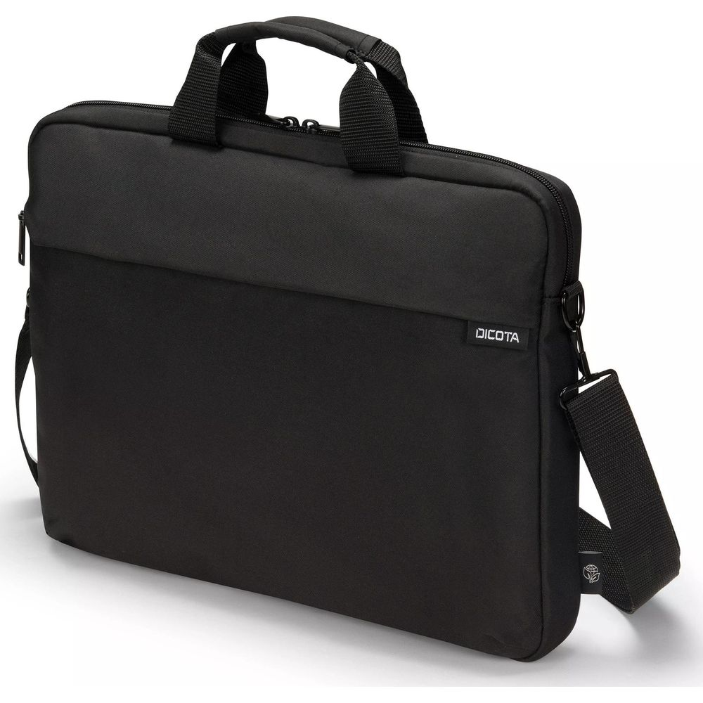 Borsa nera per laptop con manici e tracolla rimovibile.