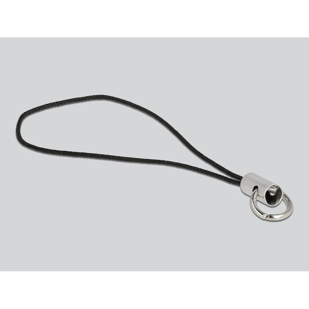 Czarna pętla ze srebrnym metalowym pierścieniem i zapięciem na szarym tle.