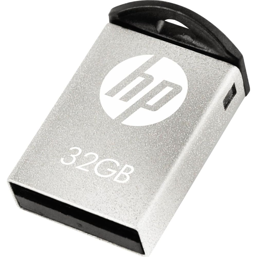 Srebrny pendrive HP 32GB z czarną pętlą widoczny jest na białym tle.