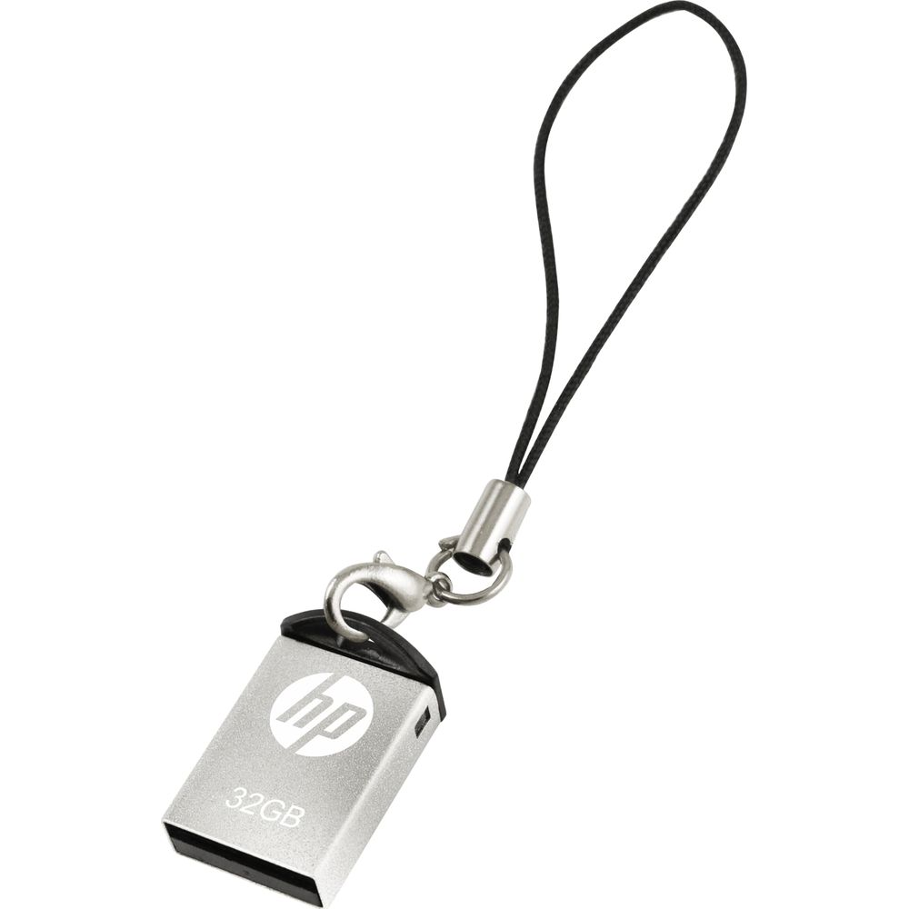 Srebrny pendrive HP 32GB z czarnym paskiem i srebrnym zapięciem.