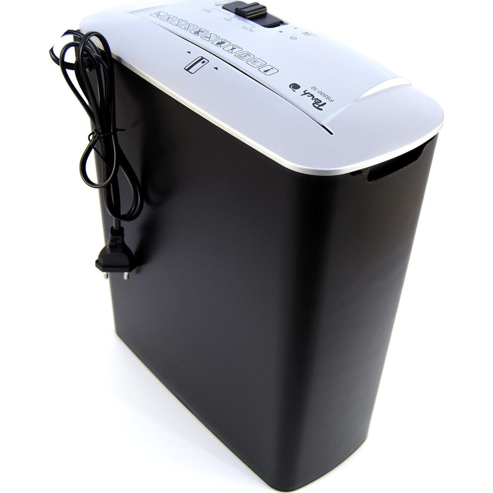 Czarna niszczarka do papieru z białym blatem i czarnym kablem zasilającym.