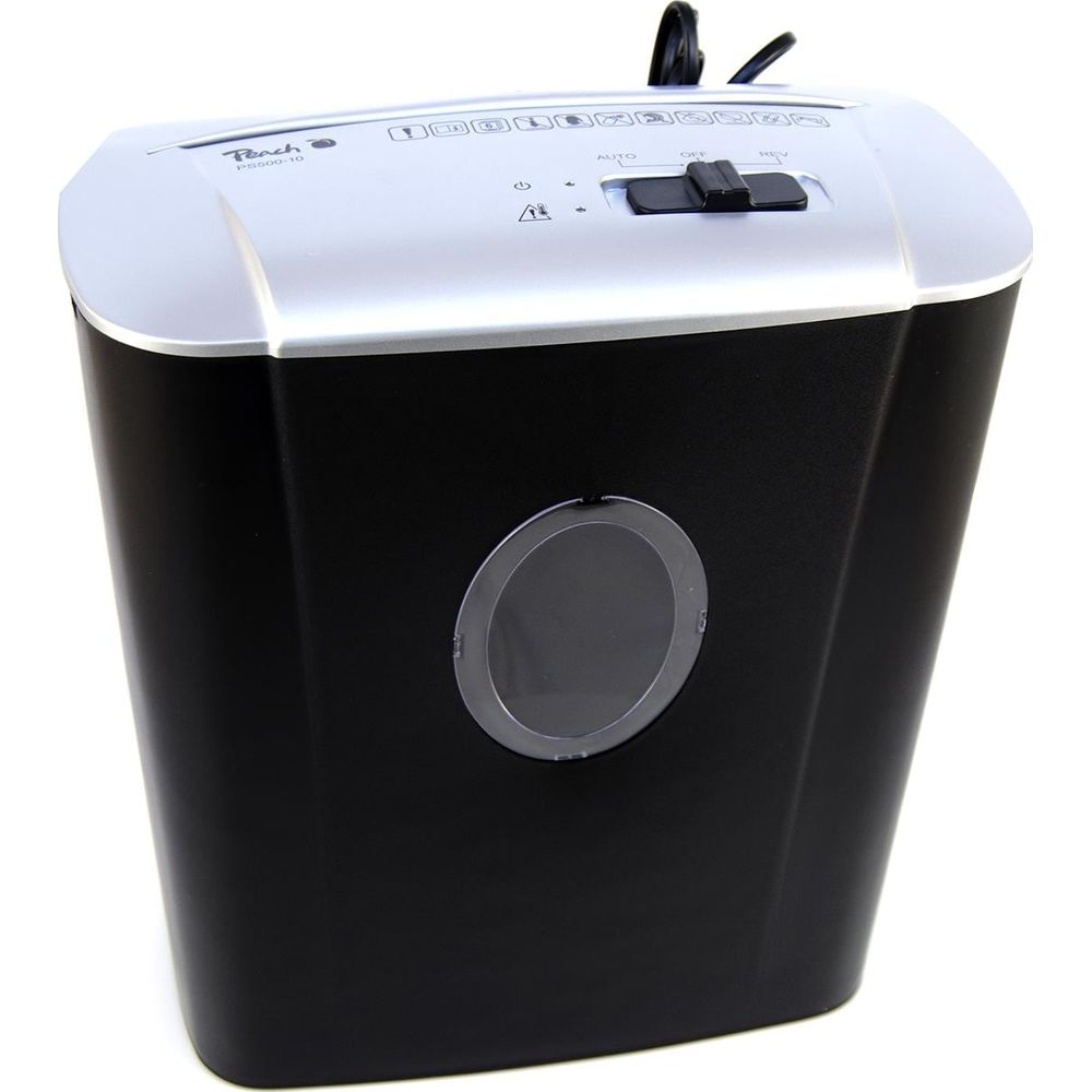 Czarna niszczarka Peach z srebrną górą i elementami sterującymi.