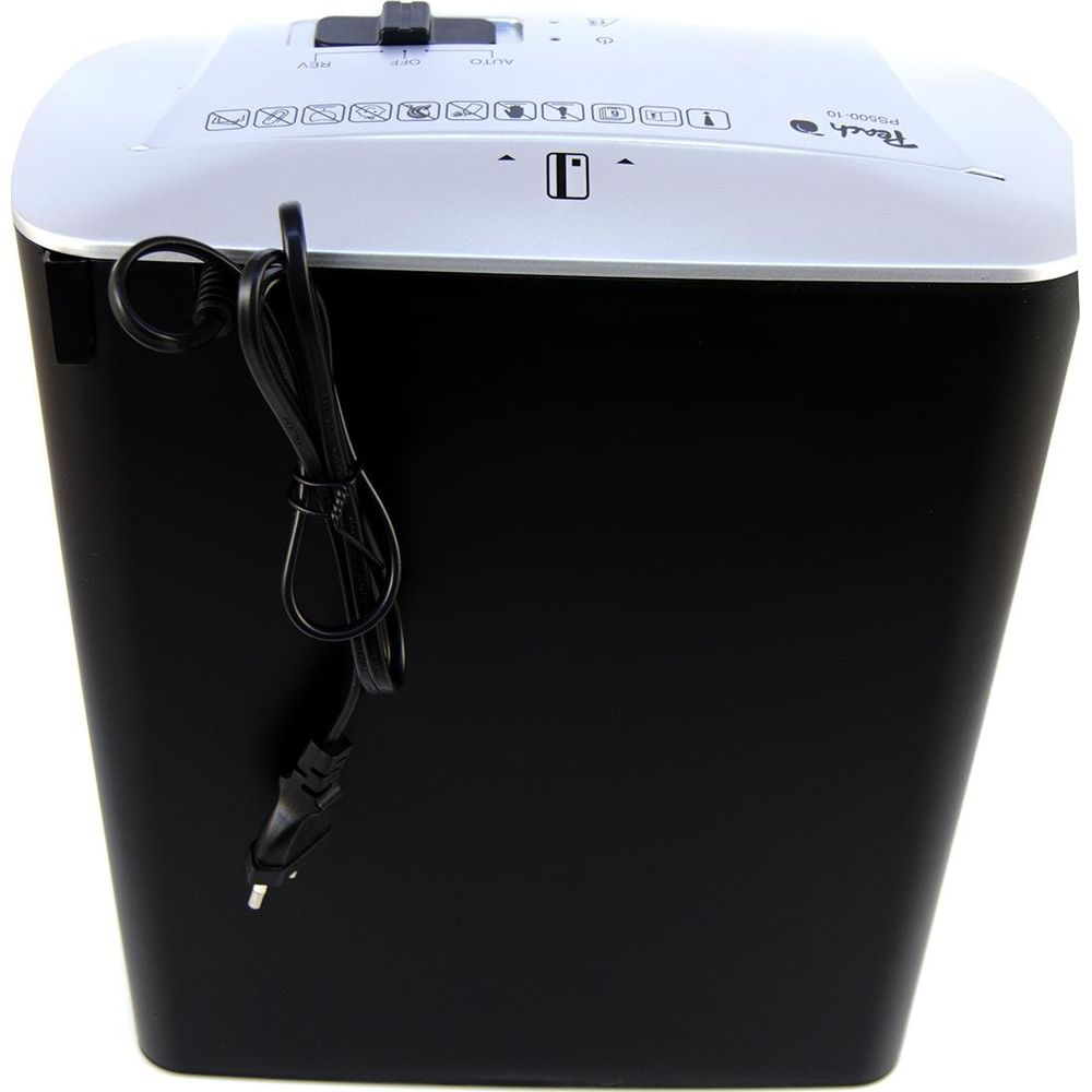 Czarna niszczarka do papieru z białym blatem i czarnym kablem.