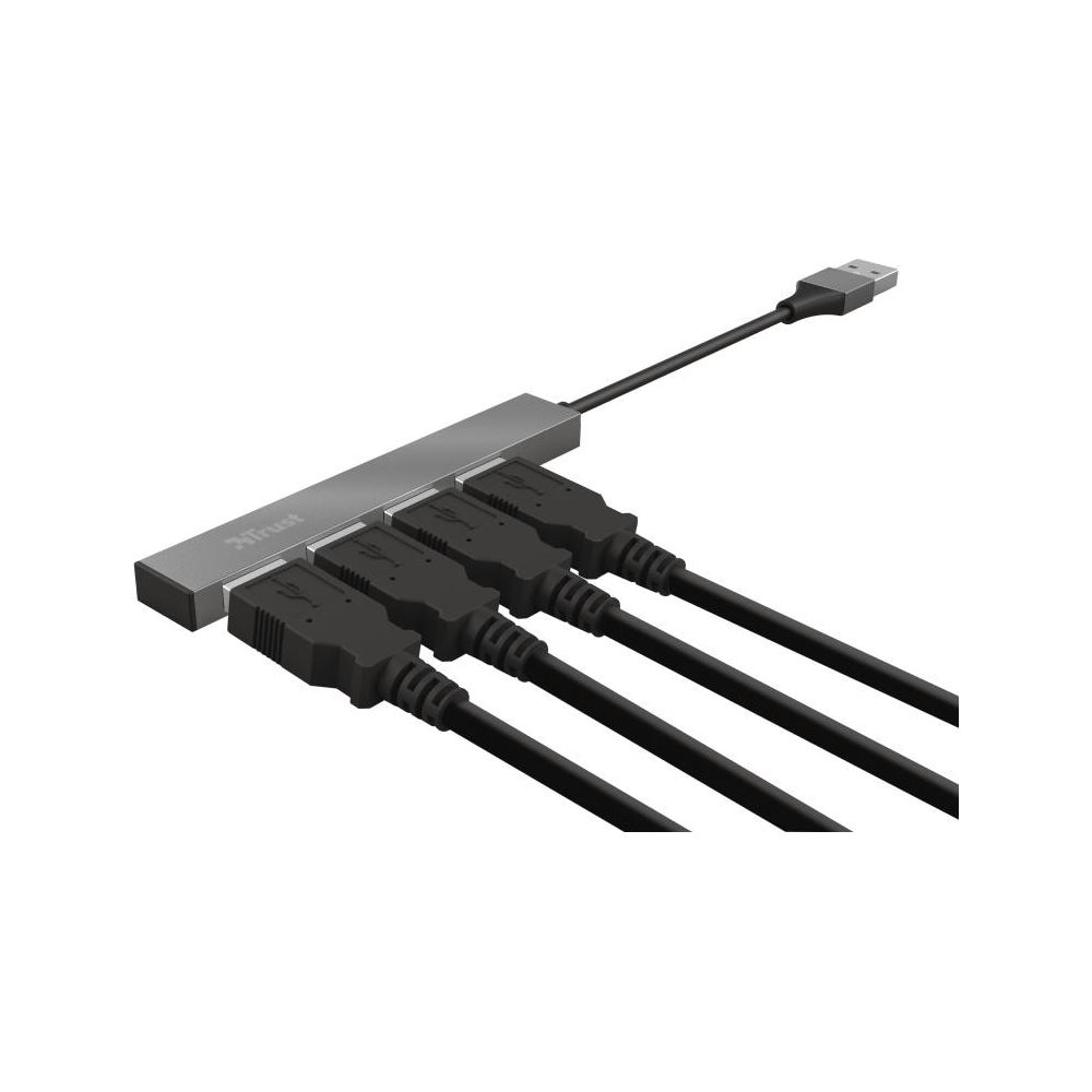 Ein silberner USB-Hub mit vier schwarzen Kabeln und Anschlüssen.