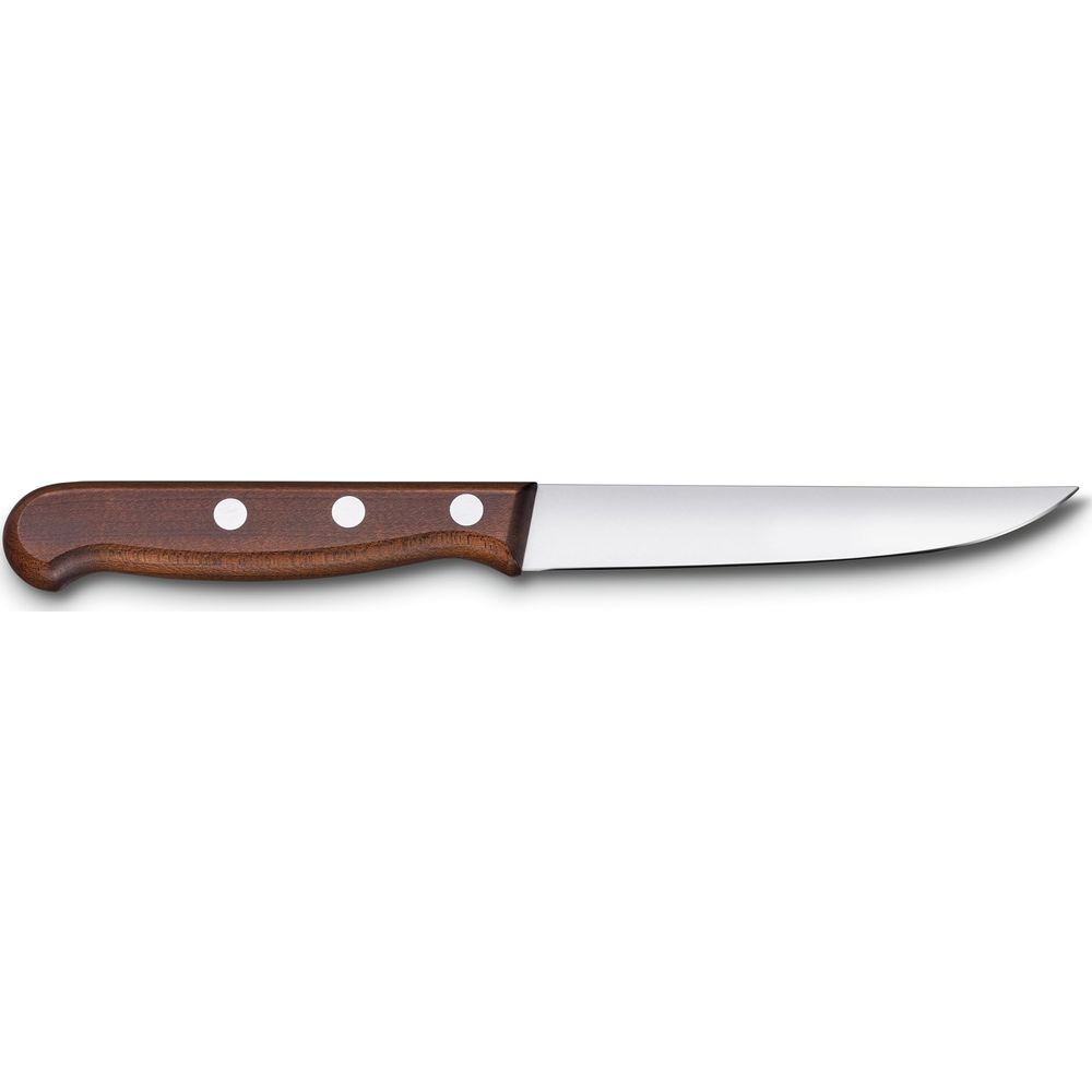 Un couteau à manche en bois marron avec trois rivets et une lame argentée.