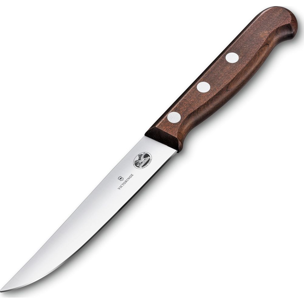 Un couteau argenté avec manche en bois et trois rivets, sur fond blanc.