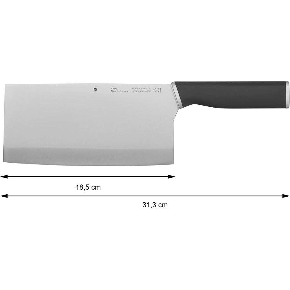 Ein Küchenbeil aus Metall mit schwarzem Griff, 18,5 cm Klinge.