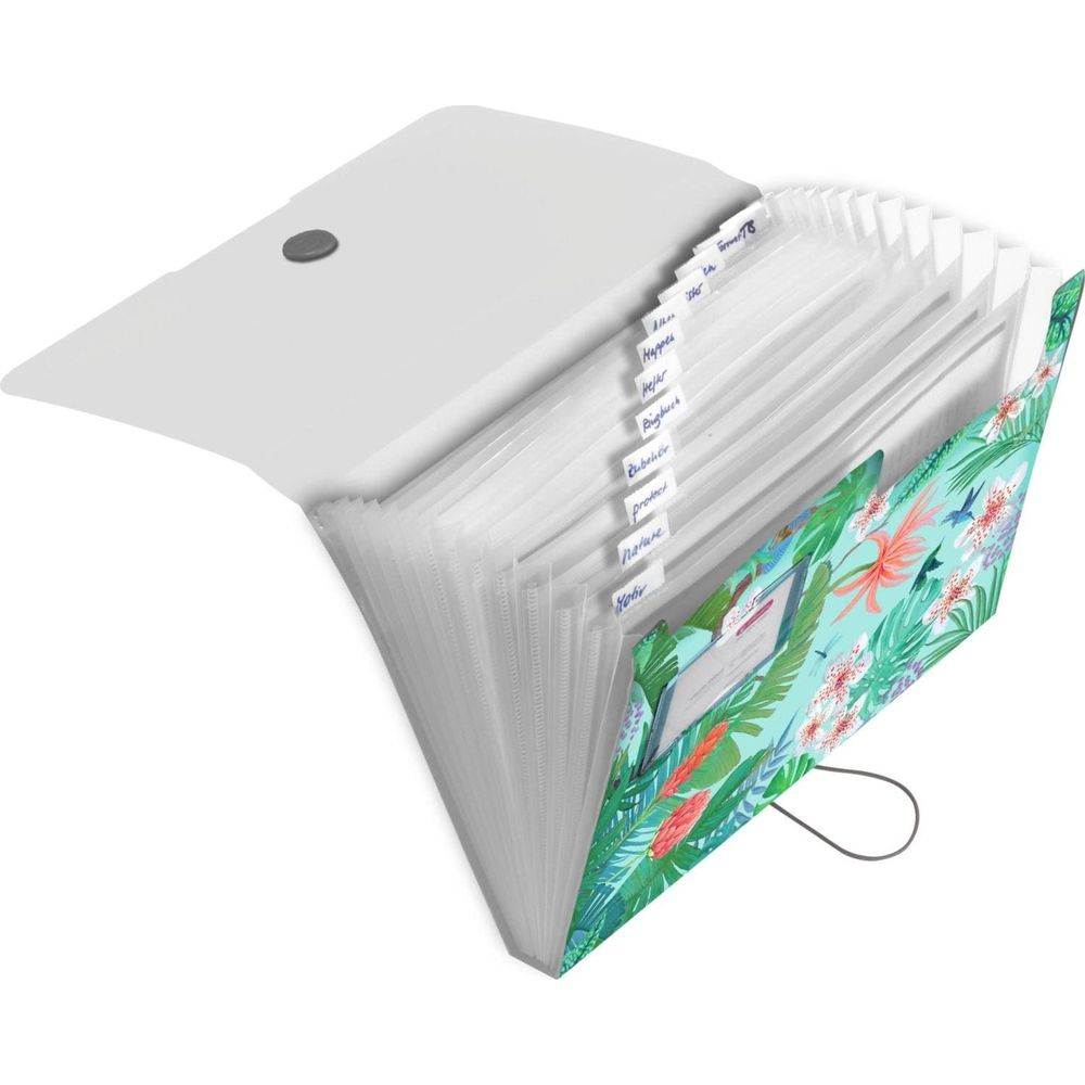Biały organizer na dokumenty z tropikalnym wzorem kwiatowym, otwarty, pokazujący wiele przegródek.