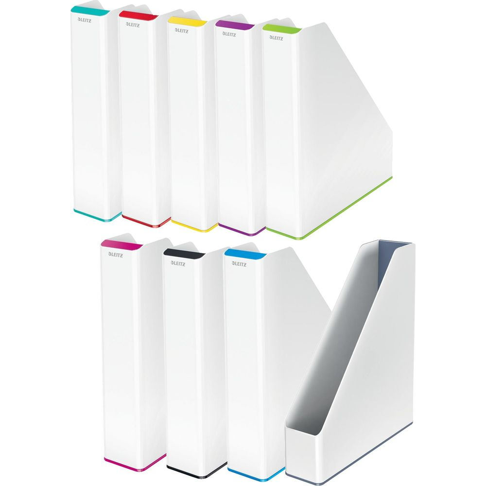 Białe segregatory z kolorowymi krawędziami: sześć na górze, trzy na dole. Biały i szary.