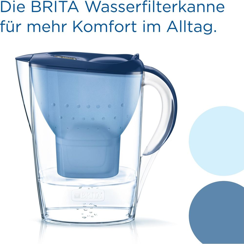 Een blauwe Brita waterfilterkan van glas met witte handgreep en deksel.