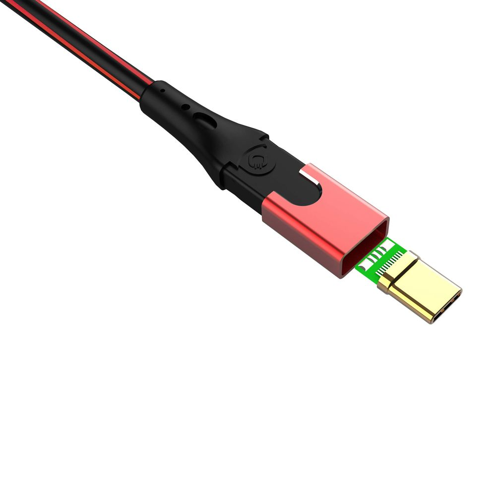 Ein schwarzes Kabel mit rotem Streifen und einem roten Anschlussstecker mit USB-C-Stecker.