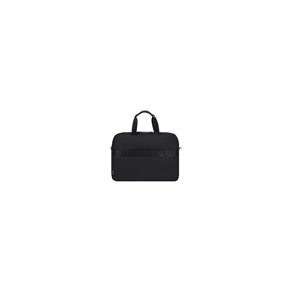 Schwarze Laptoptasche mit zwei Henkeln und einem Querband.
