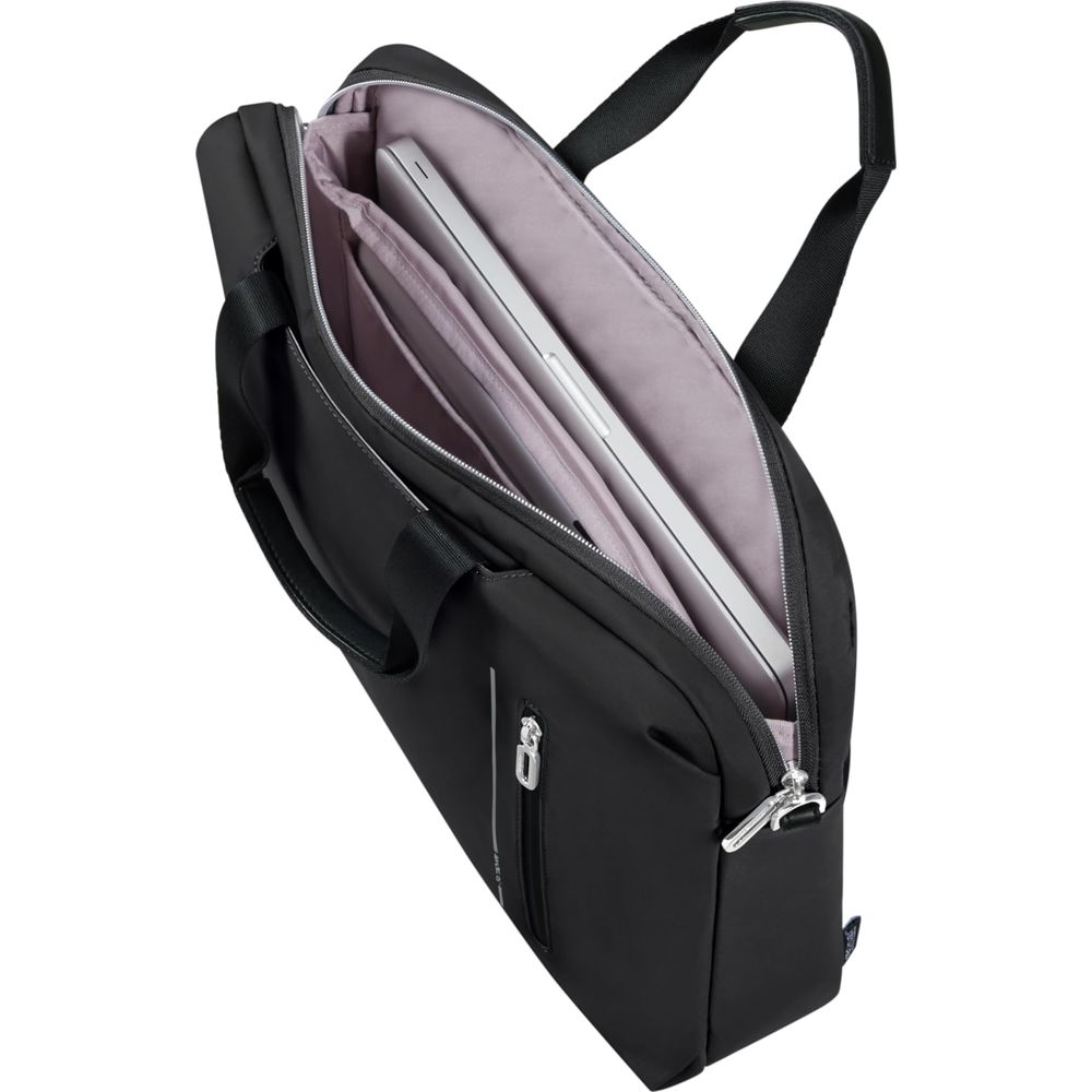 Schwarze Laptoptasche mit offenem Fach, Laptop und Fächern sichtbar.