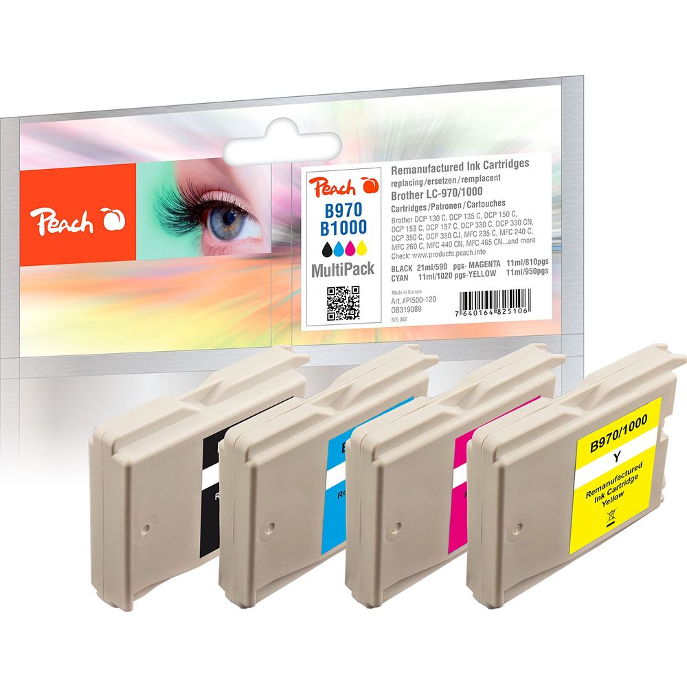 Pack de cartouches d'encre Peach pour Brother LC-970/1000, quatre cartouches.
