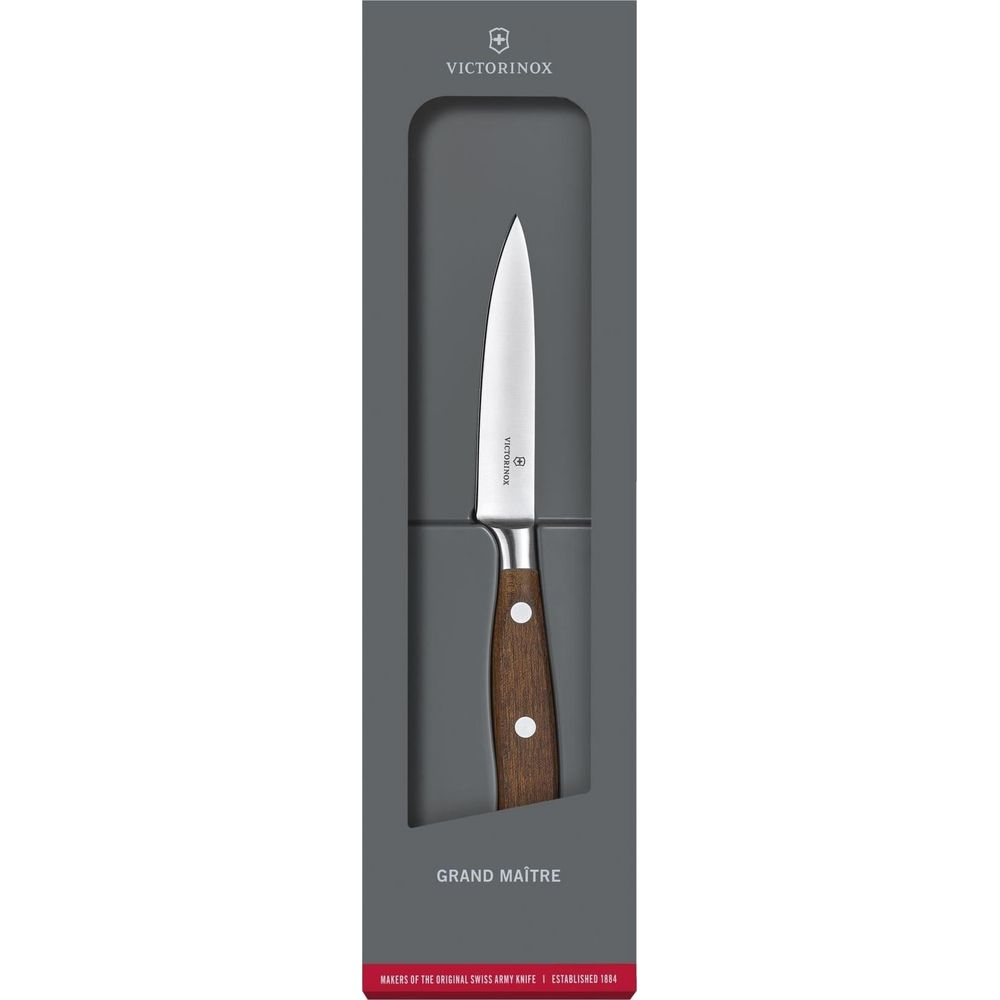 Ein Victorinox Messer mit Holzgriff in einer grauen Verpackung.