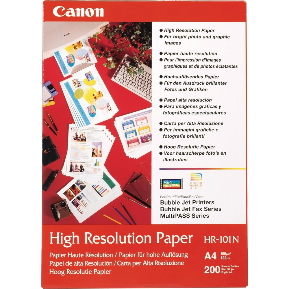 Verpackung für Canon High Resolution Papier mit Beispielen gedruckter Fotos.