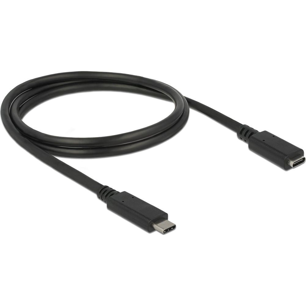 Een zwarte USB-C-kabel met twee connectoren op witte achtergrond.