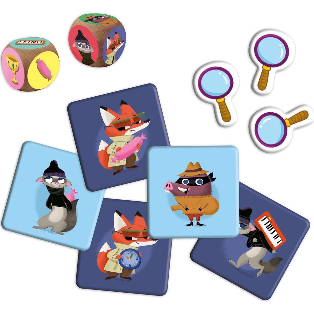 Spielsteine mit Tieren: Fuchs, Schwein, Marder, Würfel, Lupen.