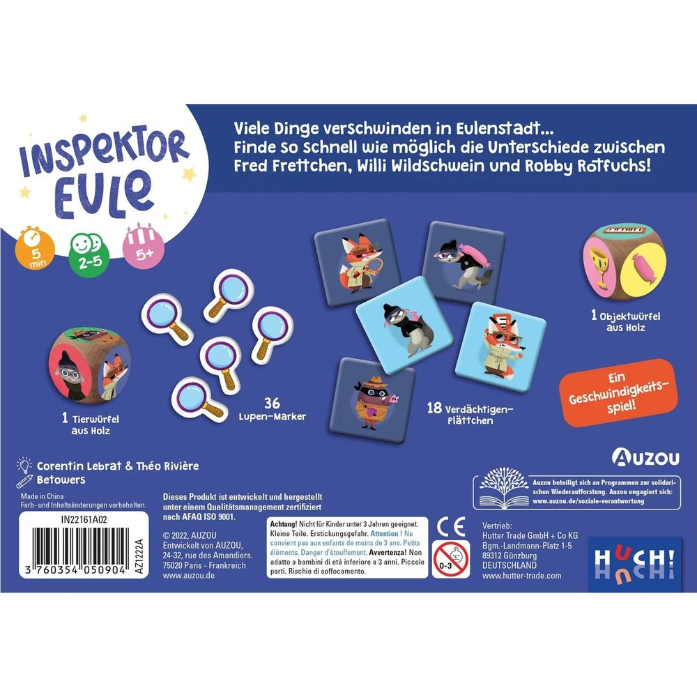 Brettspiel mit Tierkarten, Lupen und Würfel. Titel: Inspektor Eule.