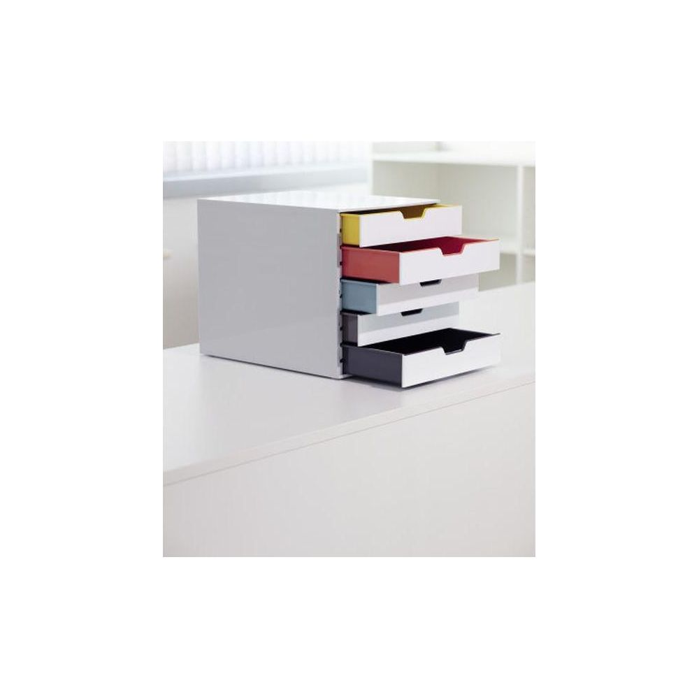 Biały organizer biurkowy z pięcioma szufladami w kolorach żółtym, czerwonym, niebieskim, szarym i białym.