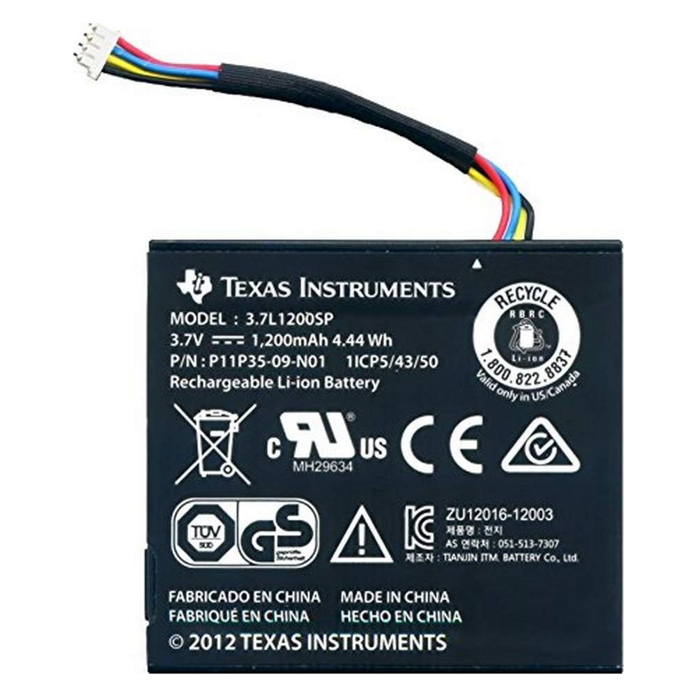 Schwarzer Akku von Texas Instruments mit Kabel und Aufdruck.