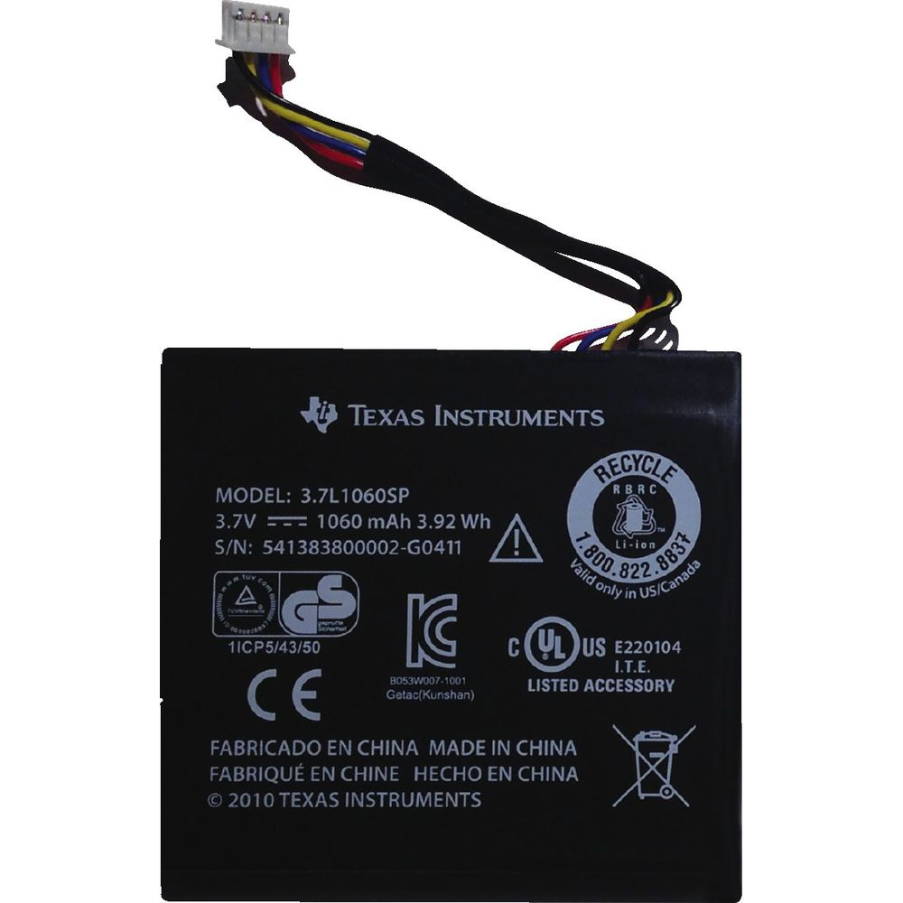 Schwarzer Akku von Texas Instruments mit Modell, Spannung, Kapazität und Seriennummer.