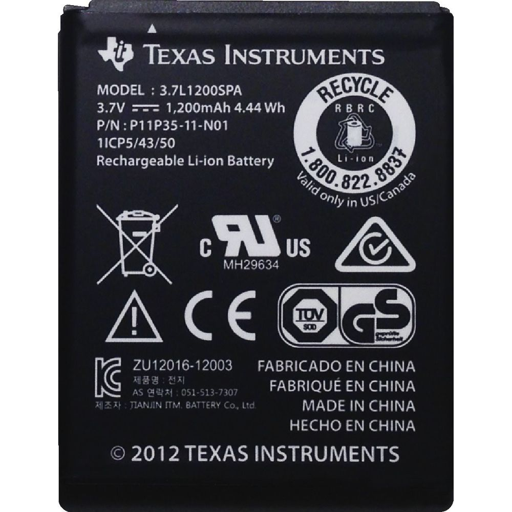 Schwarzer Akku von Texas Instruments mit Modell- und Seriennummern.