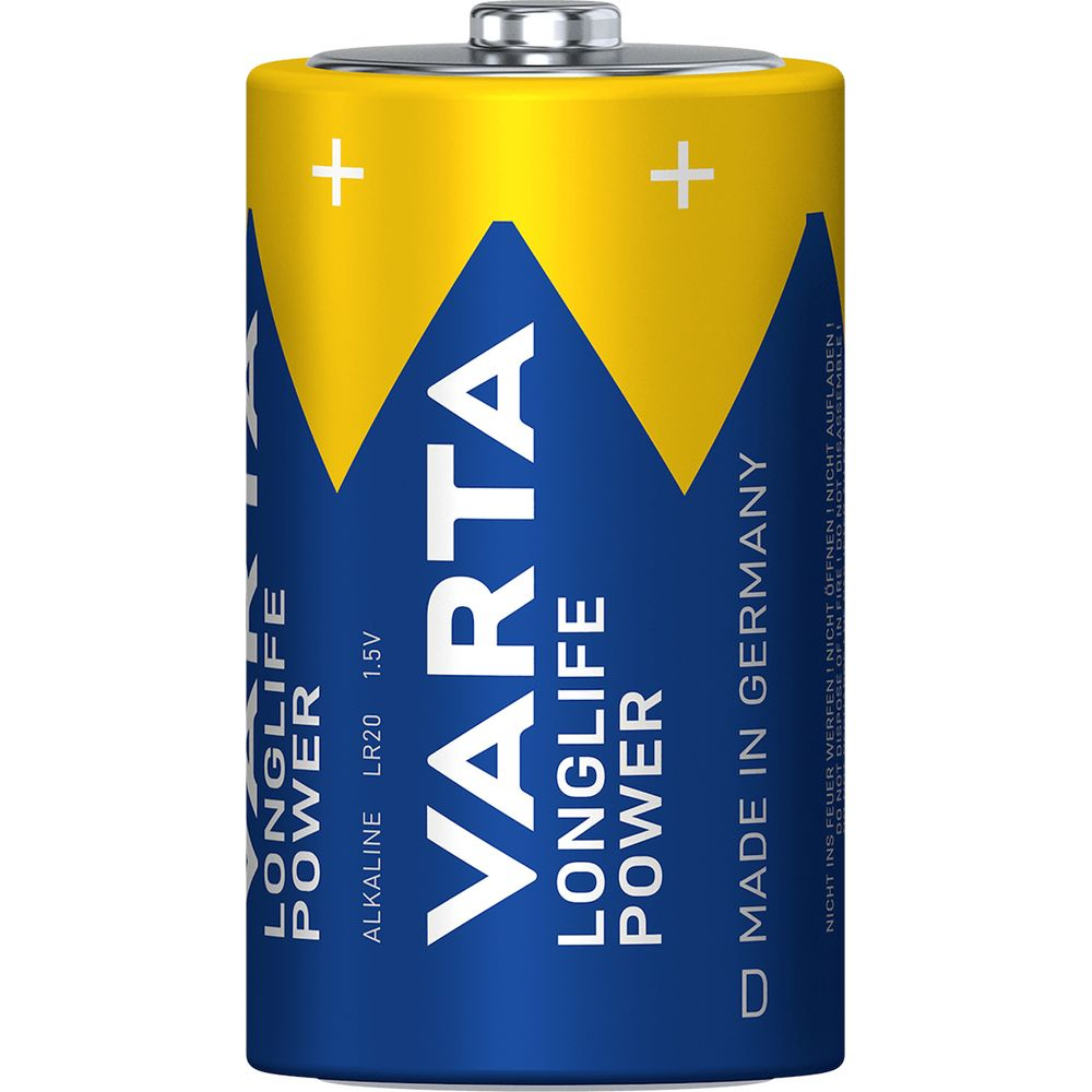 Eine Varta Longlife Power Alkaline LR20 1,5V Batterie mit gelber Spitze und blauem Körper.