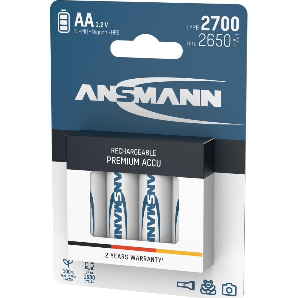 Verpakking van vier ANSMANN AA Premium oplaadbare batterijen, 2700 mAh.