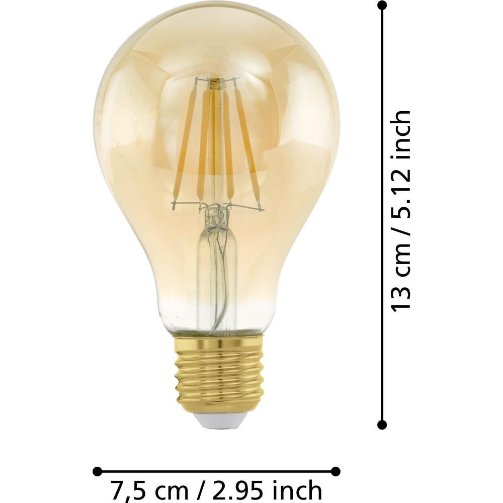 Une ampoule de couleur ambre avec filaments visibles et dimensions.