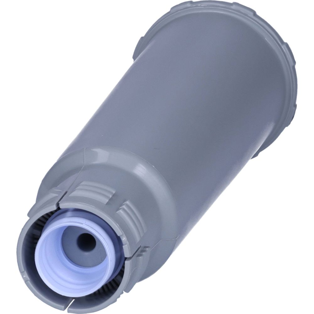 Cartuccia filtro acqua grigia con connettore blu, isolata su sfondo bianco.