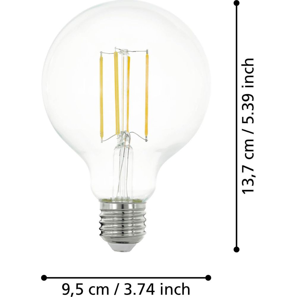 Une ampoule Edison transparente avec filaments LED et culot métallique. Dimensions indiquées.