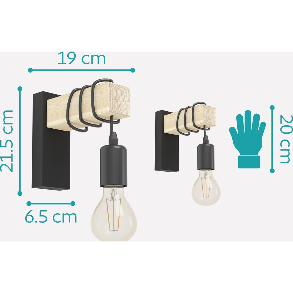 Due applique da parete in legno con bracci in metallo nero e lampadine. Dimensioni indicate.