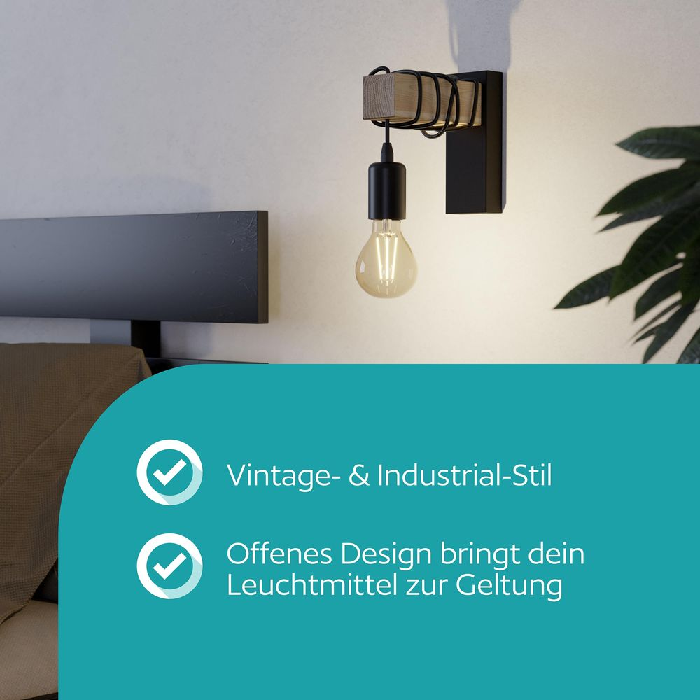 Lampada da parete in legno e metallo, stile vintage, design aperto.