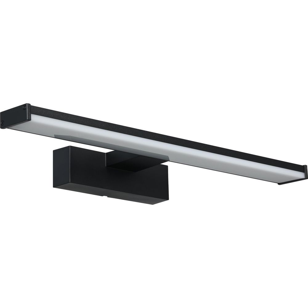 Eine schwarze Wandleuchte mit langem, schmalem Leuchtenkopf und rechteckiger Basis.