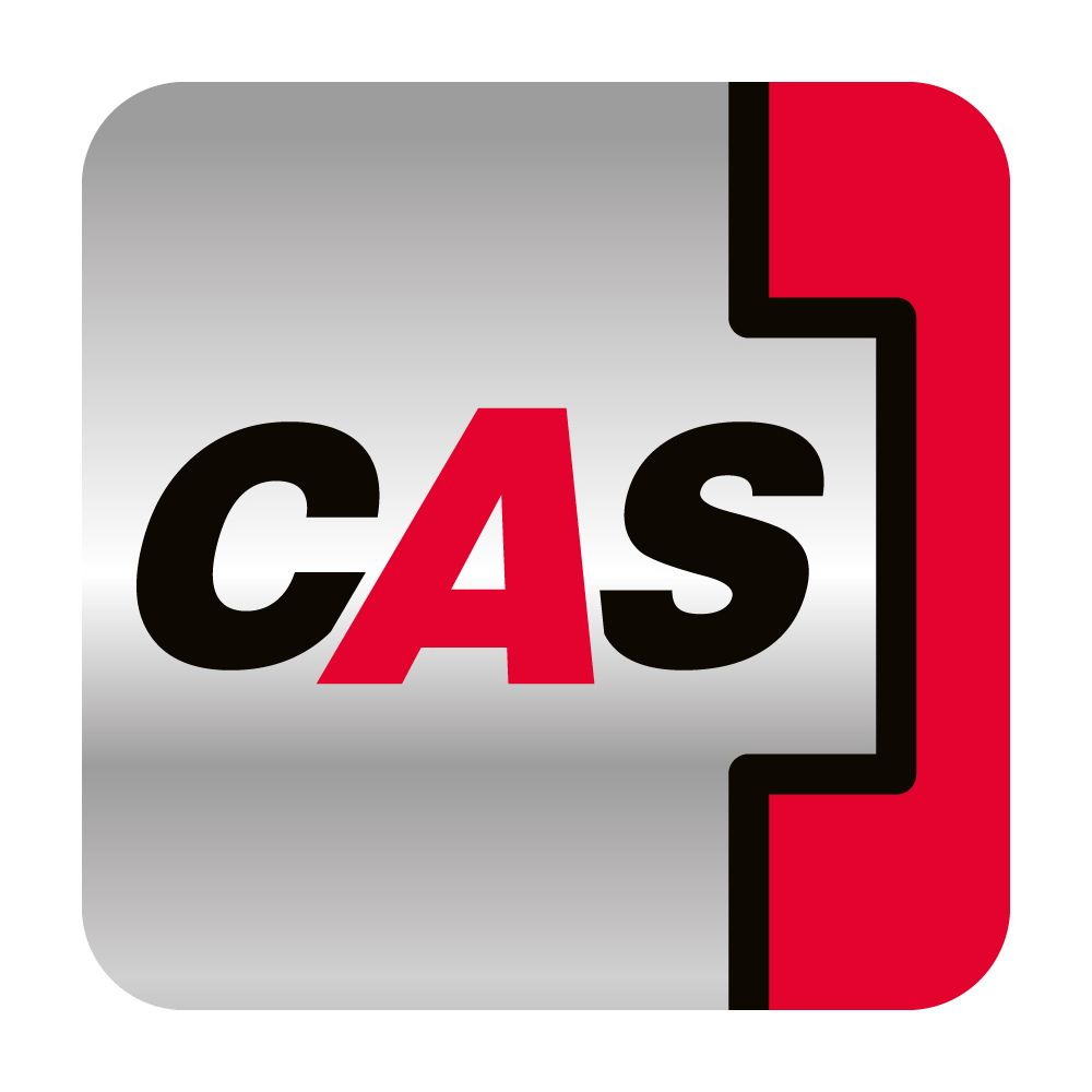 Das Logo zeigt die Buchstaben CAS in Rot und Schwarz auf silbernem Grund.