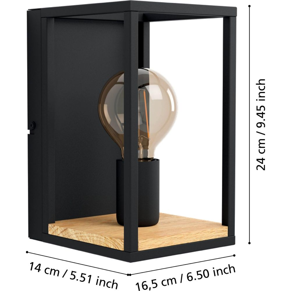 Applique murale noire moderne avec base en bois et ampoule Edison.