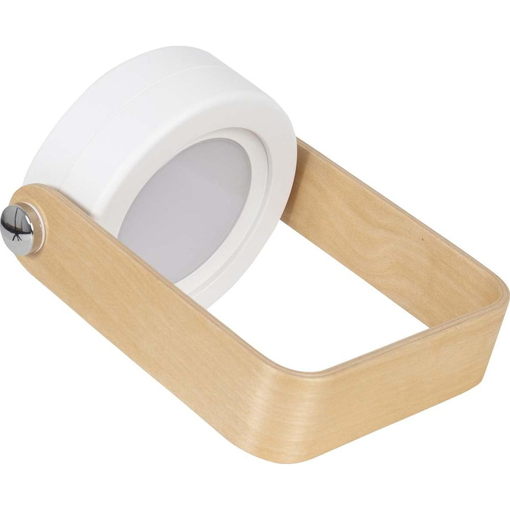 Eine weiße Lampe mit Holzrahmen auf weißem Hintergrund.
