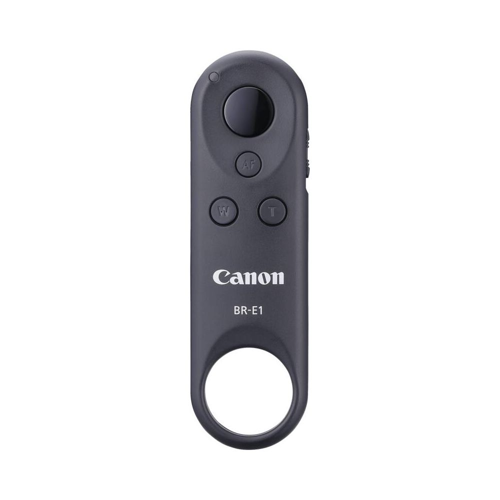 Grauer Canon BR-E1 Fernauslöser mit AF-, W- und T-Tasten und einem Ring für einen Schlüsselbund.