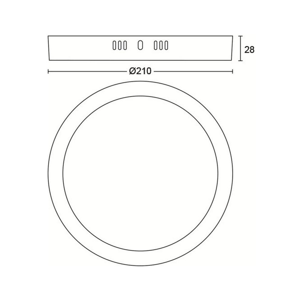 Dibujo técnico muestra círculo con dimensiones 210mm diámetro y 28mm altura.