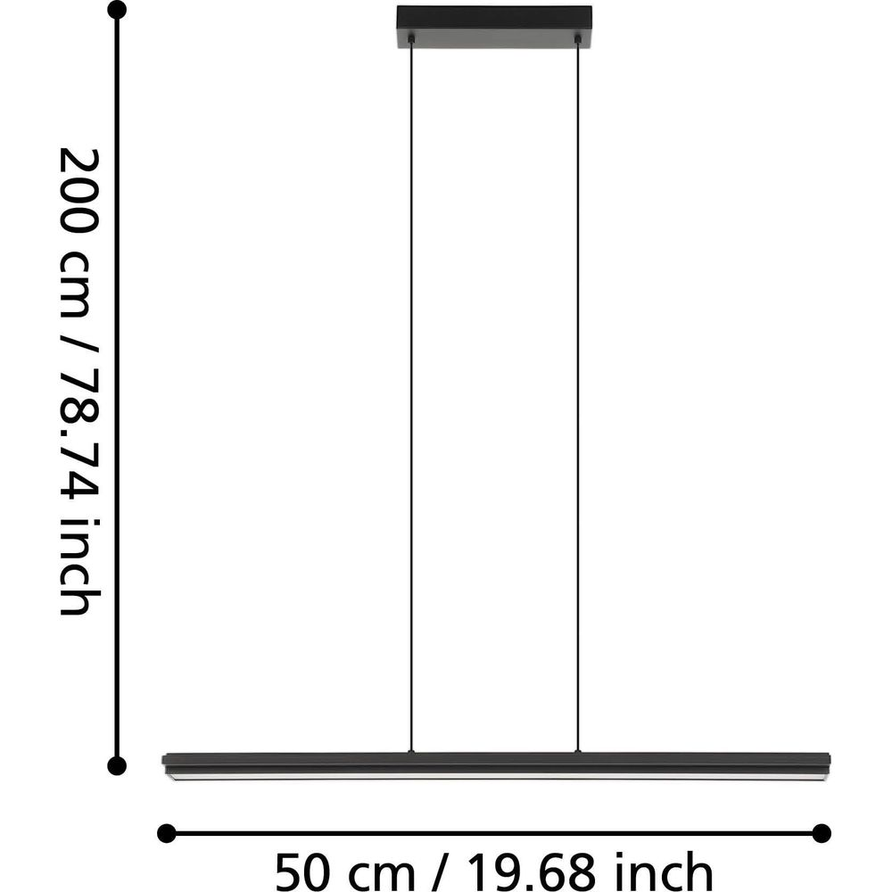 Schwarzer Pendelleuchter, 200cm hoch, 50cm breit.