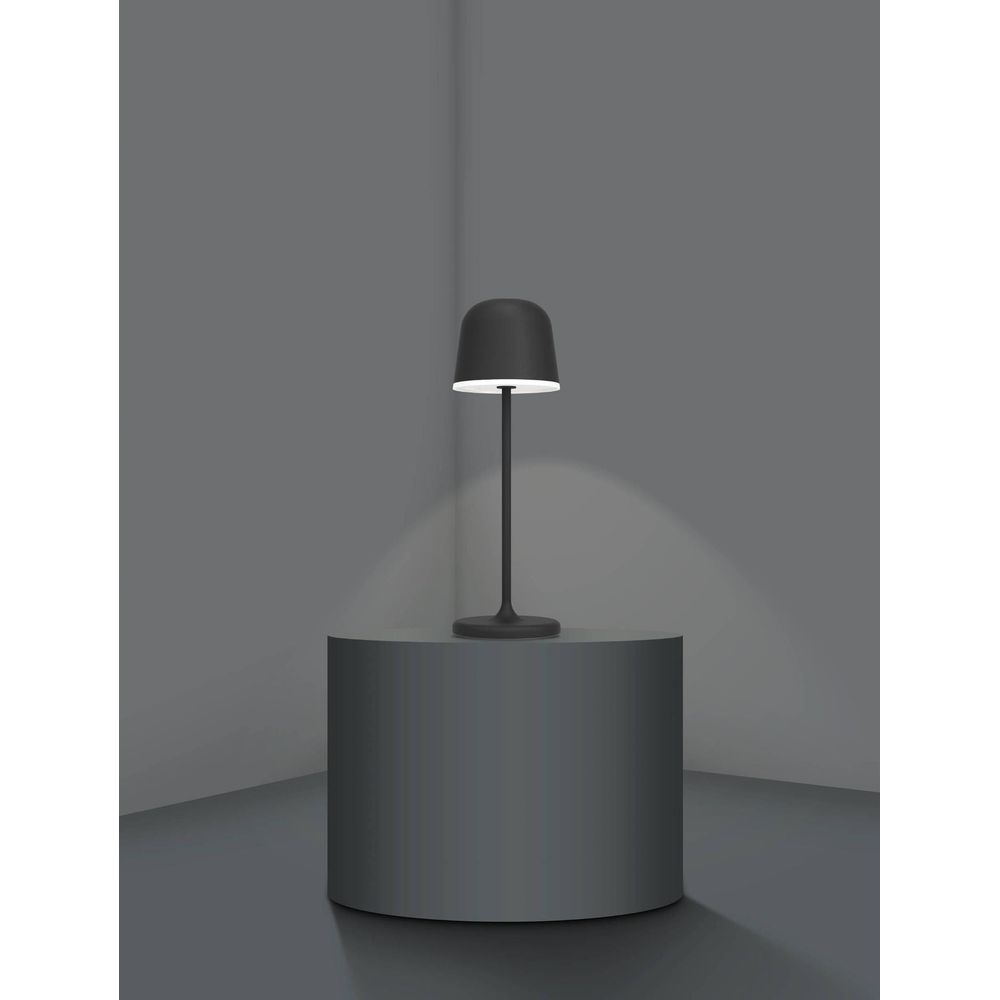 Eine dunkle Tischlampe steht auf einem zylindrischen Podest in einem grauen Raum.
