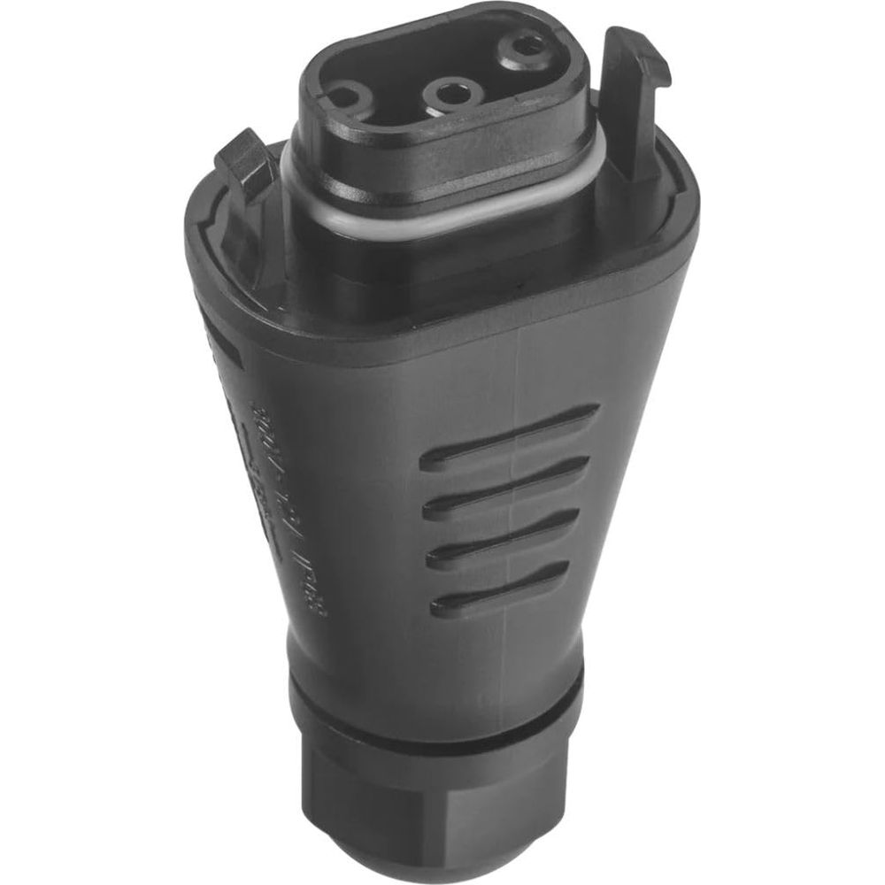 Connettore nero con due contatti rotondi e una presa rettangolare.