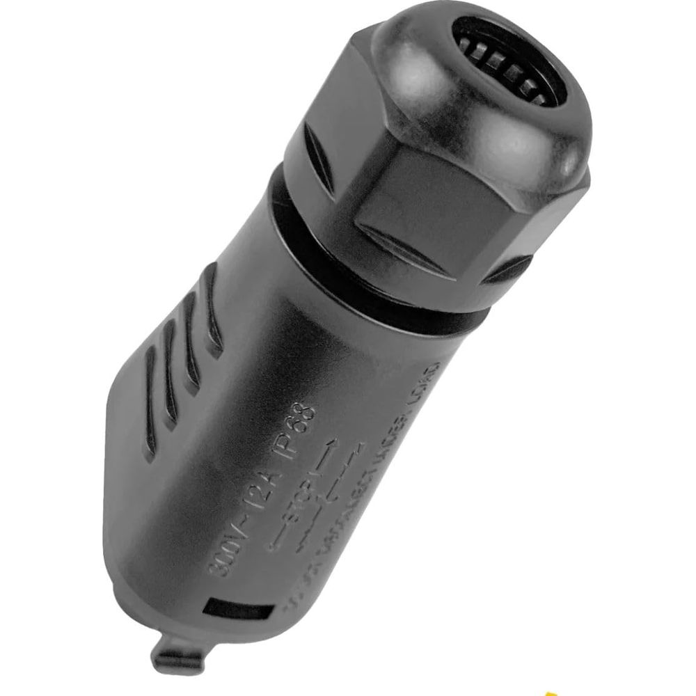 Connettore nero impermeabile con marcatura 300V-12A IP68.